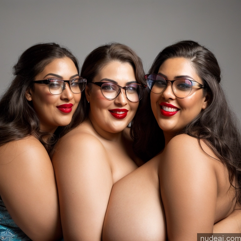 ai nude image of three women with glasses and red lipstick posing for a picture pics of 30s Huge Boobs Glasses Busty Long Hair Brunette Lingerie Model Chubby Lipstick Laughing Black