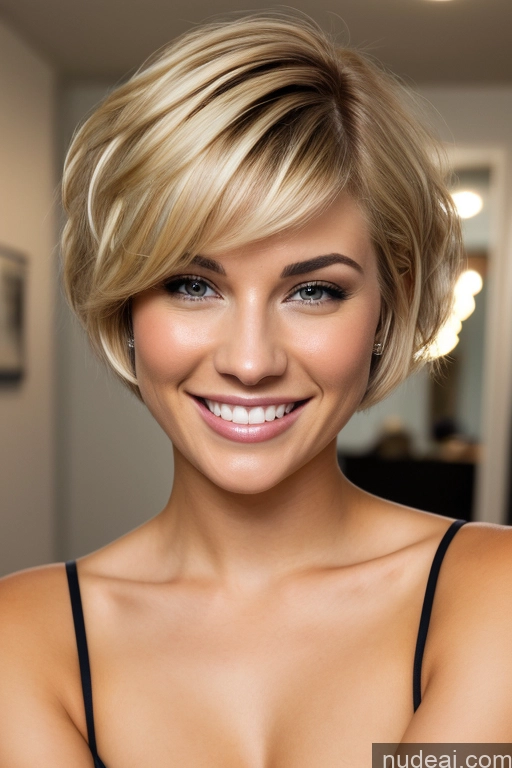 ai nude image of blond woman with short hair and a black bra top smiling pics of 18 Happy Blonde Short Hair Asian Small Ass One Woman