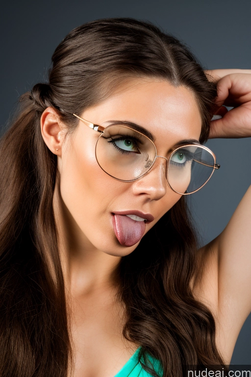 ai nude image of arafed woman with glasses sticking out her tongue and wearing a green top pics of 18 Sexy Face Brunette Long Hair French Bathroom 3d Nude Gold Jewelry Bright Lighting Glasses Short Woman Small Tits Big Ass Ahegao One Blowjob Cleavage Detailed