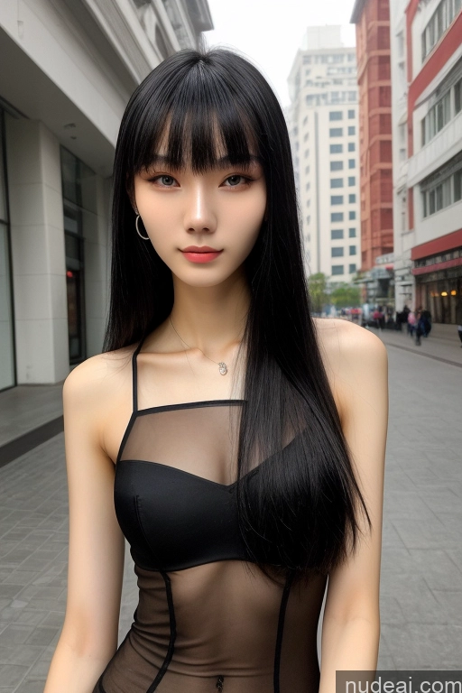 ai nude image of araffe asian woman in a sheer black dress posing for a picture pics of Woman One Goth Chinese 18 Black Hair Bangs Tall Skinny Transparent