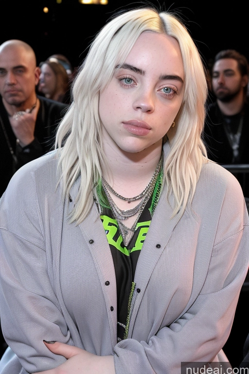 ai nude image of arafed woman with blonde hair and a green necklace sitting in a crowd pics of Billie Eilish Create An Open Vagina