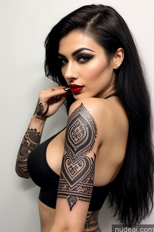 ai nude image of arafed woman with a tattoo on her arm and chest pics of Woman One Goth Chinese 18 Black Hair Bangs Tall Skinny Transparent Big Ass Perfect Boobs Tattoos Lipstick