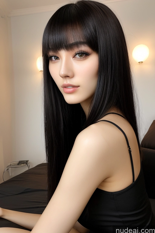 ai nude image of arafed woman with long black hair sitting on a bed pics of Woman One Chinese Goth Bangs 18 Tall Skinny Big Ass Beautiful