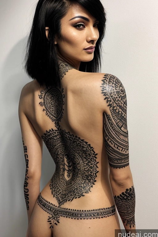 ai nude image of arafed woman with a tattoo on her back and a tattoo on her arm pics of Woman One Goth Chinese 18 Black Hair Bangs Tall Skinny Transparent Big Ass Perfect Boobs Tattoos