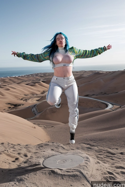 ai nude image of arafed woman with blue hair jumping in the air in the desert pics of Billie Eilish Jumping