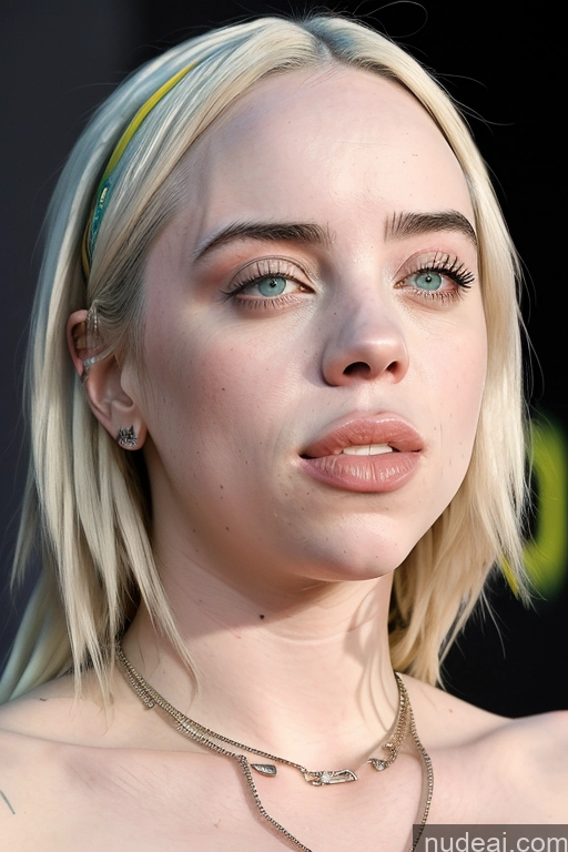 ai nude image of blonde woman with a green headband and a yellow necklace pics of Billie Eilish Cumshot