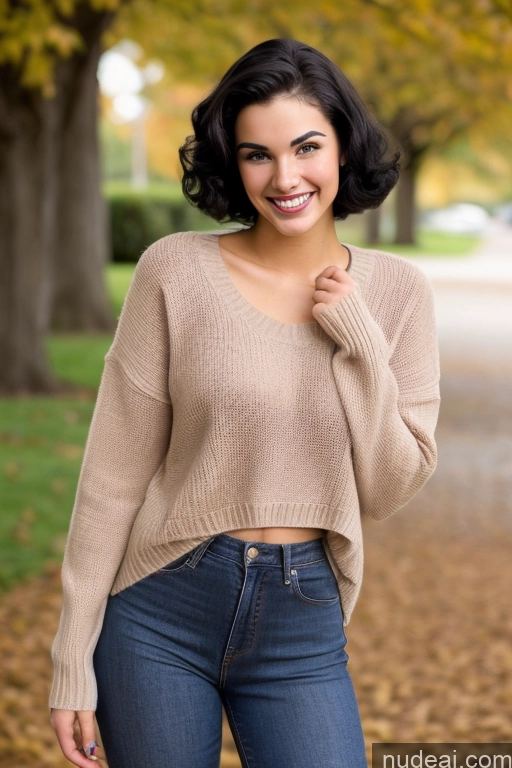 ai nude image of a woman in a tan sweater and jeans posing for a picture pics of Model Pubic Hair Big Hips Big Ass Skinny Beautiful Happy Sexy Face Black Hair Pixie 60s Sweater Boots 18 T-pose Nude