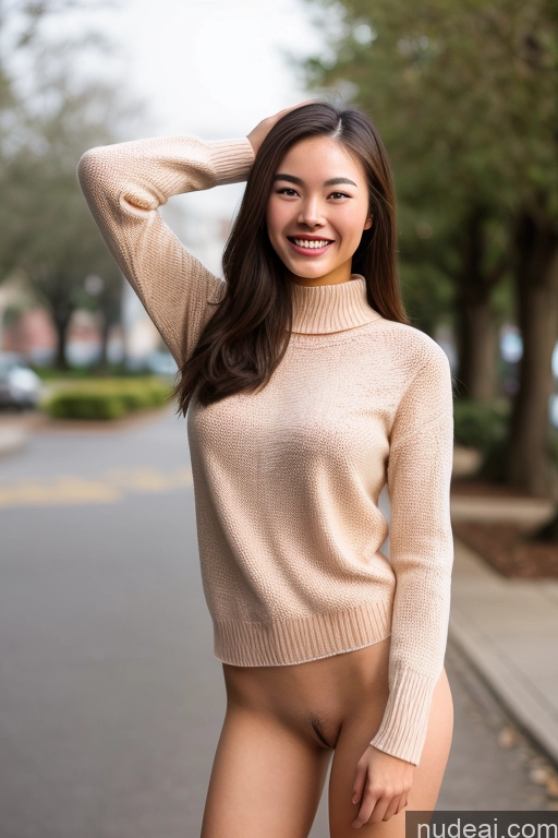 ai nude image of arafed asian woman in a tan sweater posing for a picture pics of Sorority Pubic Hair Skinny Big Ass Small Tits Beautiful 18 Happy Chinese 60s Nude Sweater Thigh Socks Detailed