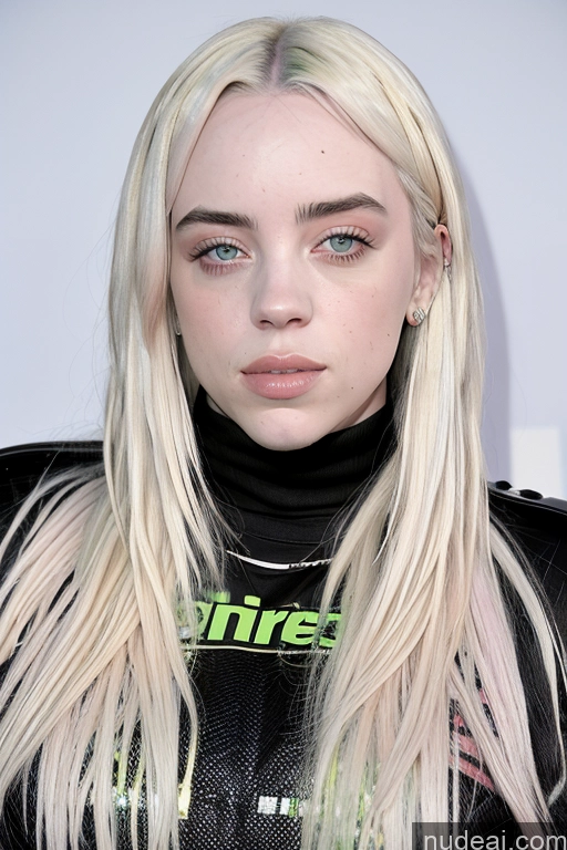 ai nude image of blonde haired woman with blue eyes and a black leather jacket pics of Billie Eilish