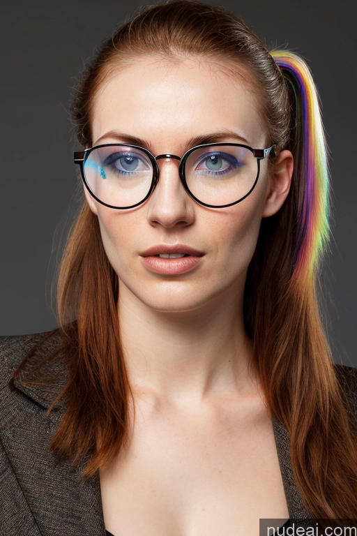 ai nude image of arafed woman with a colorful ponytail and glasses on pics of Woman Pubic Hair 20s Shocked Ginger Ponytail British Front View Nude Glasses