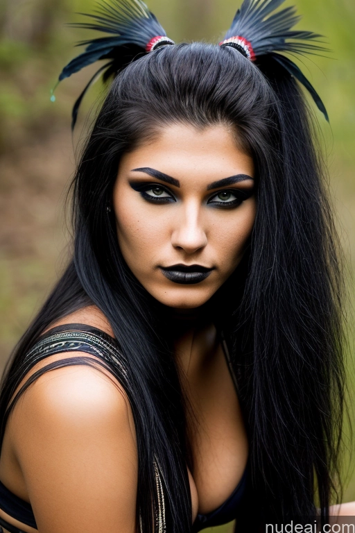 ai nude image of arafed woman with black makeup and feather headband posing for a picture pics of Woman One 18 Native American Goth