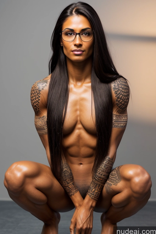 ai nude image of arafed woman with glasses and tattoos squatting on a floor pics of Bodybuilder Small Tits Tattoos Muscular Perfect Body Pubic Hair Oiled Body Tall Abs Big Ass Black Hair Dark Fantasy Squatting Serious Thick Big Hips Long Legs Nude Long Hair Beautiful Dark Skin Skinny Indian