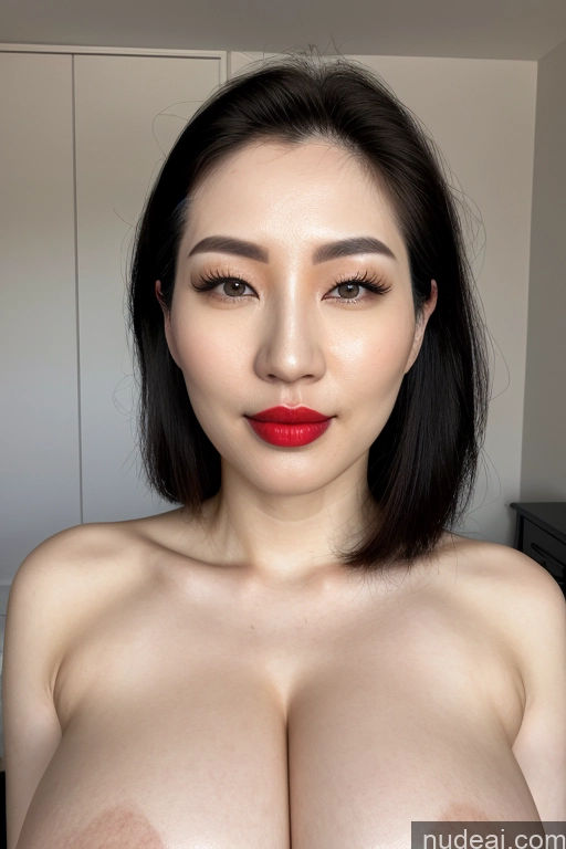 ai nude image of arafed asian woman with big tits posing for a picture pics of Woman One Huge Boobs Lipstick Skinny Fairer Skin Black Hair Korean Front View Nude Simple 30s Slicked Skin Detail (beta) Bedroom