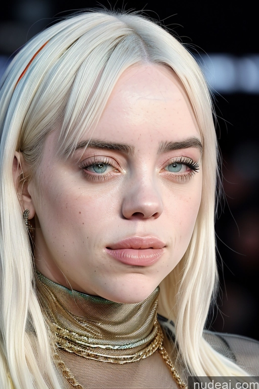 ai nude image of a close up of a woman with blonde hair and a choke pics of Cumshot Billie Eilish Nude