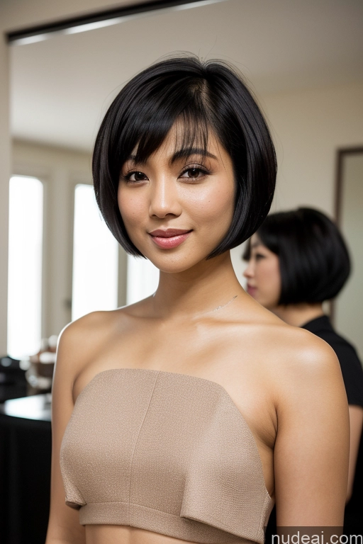 ai nude image of arafed asian woman in a strapless top posing for a picture pics of Woman Two Beautiful 30s Nude Seductive Black Hair Asian Short Hair