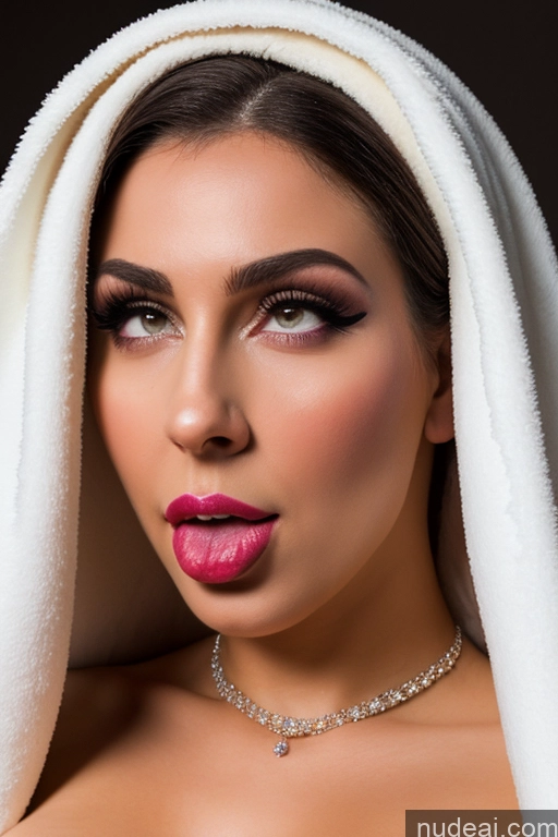 ai nude image of arafed woman with a white towel over her head and a necklace pics of Perfect Boobs Big Ass Thick Big Hips Long Legs Fairer Skin 30s Pouting Lips Ahegao Turkish Front View Cumshot Diamond Jewelry Bright Lighting Detailed