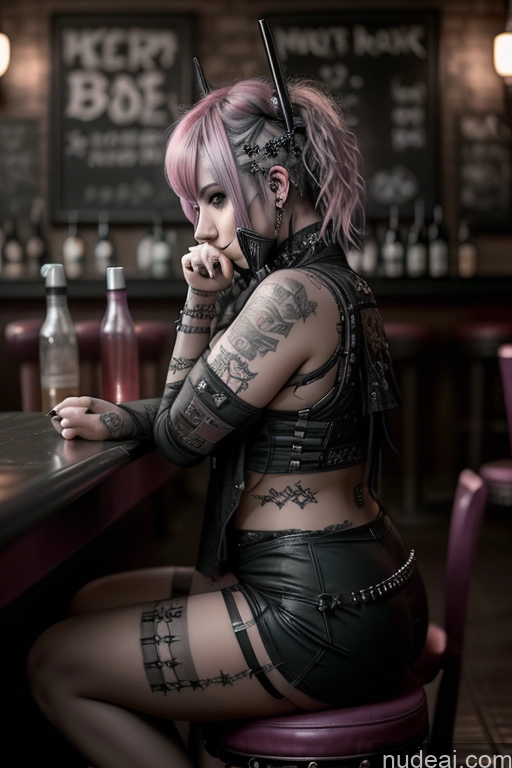 ai nude image of arafed woman sitting at a bar with a cell phone to her ear pics of Gothic Punk Girl Busty Perfect Boobs Big Ass Pink Hair Czech Close-up View Nude Bar 50s