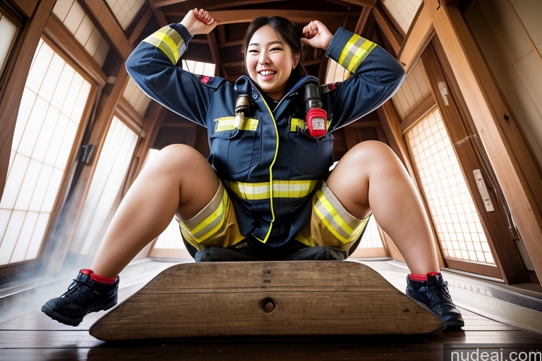 ai nude image of arafed woman in a firefighter's uniform sitting on a wooden platform pics of Chubby Happy Japanese Firefighter