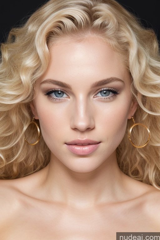 ai nude image of blond woman with blue eyes and gold hoop earrings posing for a picture pics of Miss Universe Model Sexy Face Curly Hair Of Love Fairer Skin Blonde