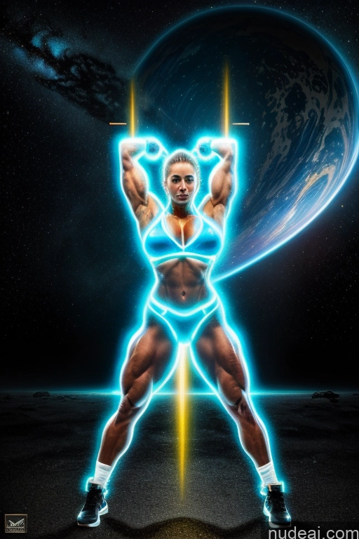 Ukraine Bodybuilder Busty Abs Science Fiction Style Space Cosplay Neon Lights Clothes: Blue Powering Up