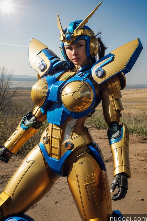 ai nude image of araffed woman in a gold and blue costume posing for a picture pics of Ukraine Cosplay Front View Muscular Perfect Boobs SuperMecha: A-Mecha Musume A素体机娘