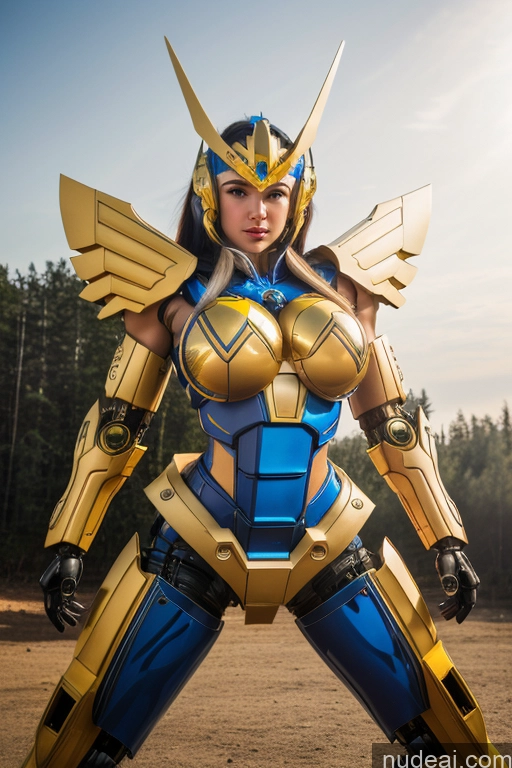 ai nude image of araffed woman in a blue and gold costume posing for a picture pics of Ukraine Cosplay Front View Muscular Perfect Boobs SuperMecha: A-Mecha Musume A素体机娘