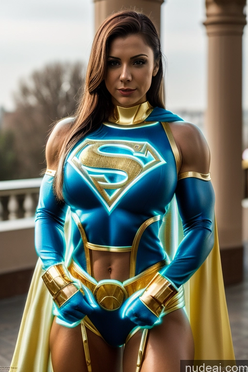 ai nude image of arafed woman in a blue and gold costume posing for a picture pics of Ukraine Front View Muscular Neon Lights Clothes: Blue Perfect Boobs Gold Jewelry Cosplay Superheroine Superhero