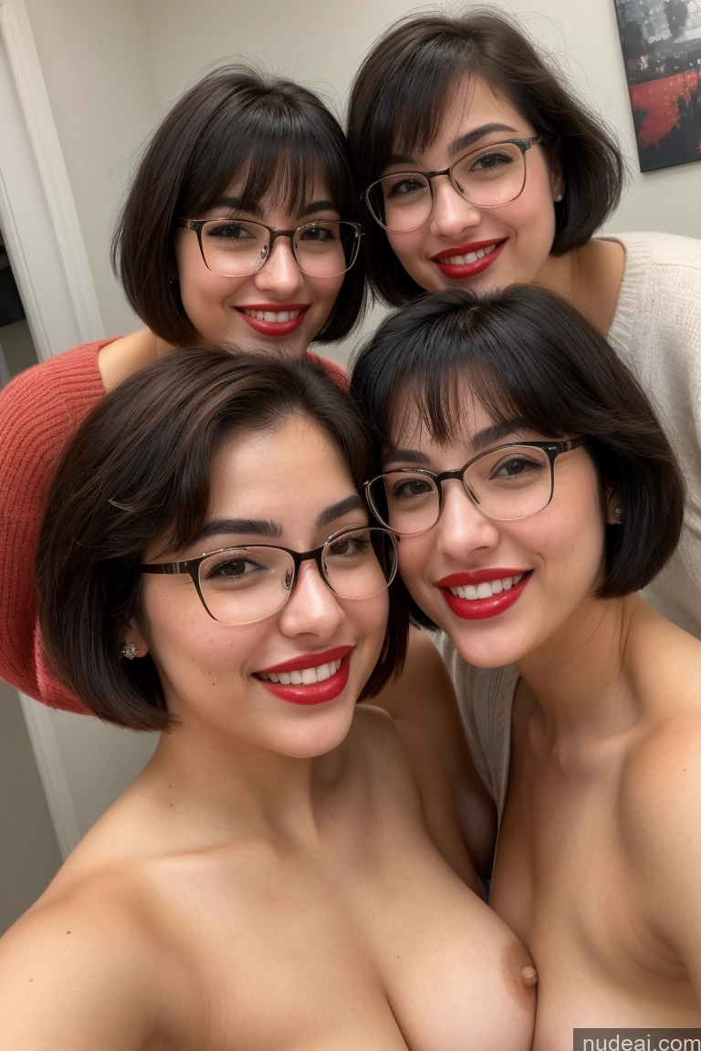 ai nude image of three women with glasses posing for a picture in a bathroom pics of Sorority Black Hair Short Hair Front View Topless Happy 20s Beautiful Glasses Lipstick Pubic Hair Two Dutch