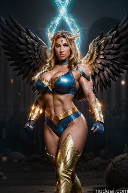 ai nude image of arafed woman in a blue and gold costume with wings pics of Regal Has Wings Cosplay Powering Up Busty Muscular Abs Science Fiction Style Superheroine Superhero Ukraine