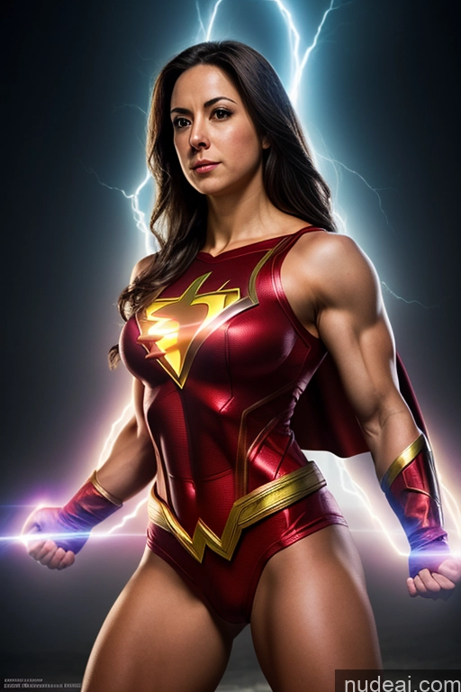 related ai porn images free for Mary Thunderbolt Cosplay Small Tits Powering Up Neon Lights Clothes: Red Superhero Abs Muscular Superheroine Busty Heat Vision