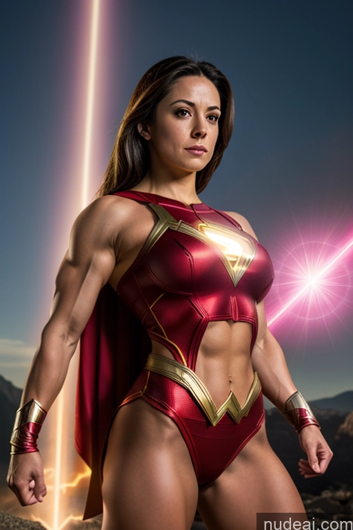 ai nude image of arafed woman in a red and gold costume posing for a picture pics of Mary Thunderbolt Cosplay Small Tits Powering Up Neon Lights Clothes: Red Superhero Abs Muscular Superheroine Busty