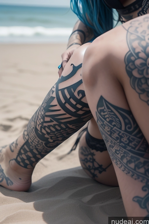 ai nude image of arafed woman with blue hair sitting on the beach with tattoos pics of Perfect Boobs Tattoos Blue Hair Beach Close-up View Spreading Legs Nude Spread_legs, Pussy, Split_legs Gothic Punk Girl