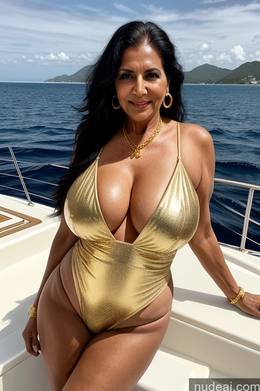 ai nude image of araffe woman in a gold swimsuit posing on a boat pics of Milf Busty 70s Black Hair Long Hair Indian Gold Jewelry One Yacht One Piece Swimsuit