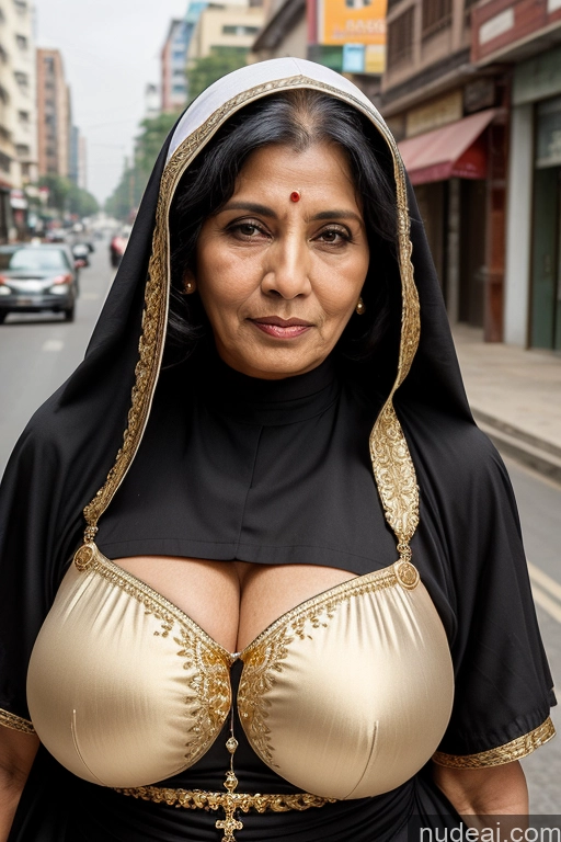 ai nude image of woman in a black and gold outfit with a veil on pics of Busty Long Hair Indian Milf 70s Black Hair Gold Jewelry Detailed Nun Street