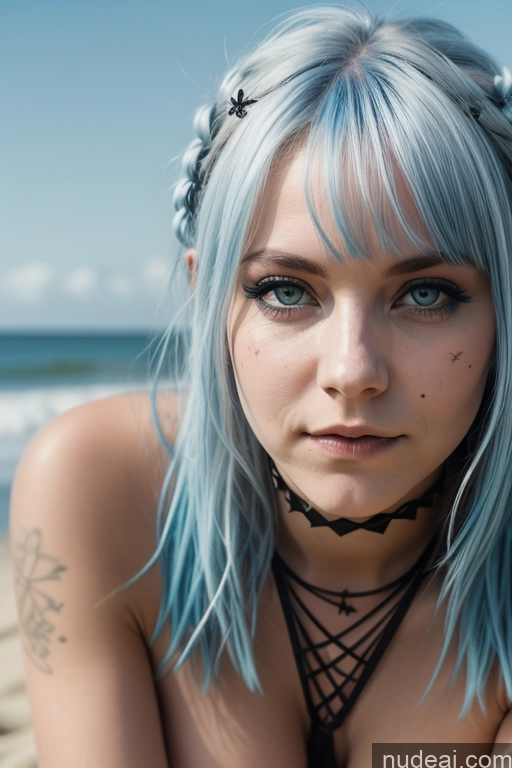 ai nude image of arafed woman with blue hair and tattoos on her chest pics of Perfect Boobs Blue Hair Close-up View Spread_legs, Pussy, Split_legs Scandinavian Gothic Punk Girl Busty Beach