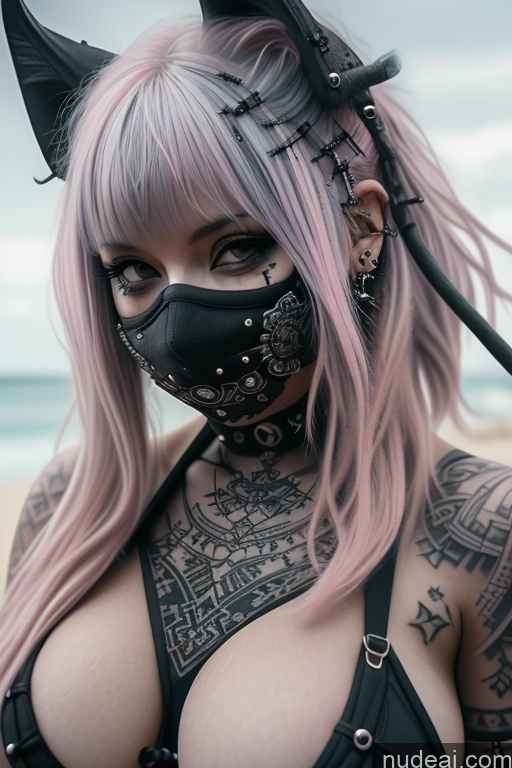 related ai porn images free for Beach Close-up View Perfect Boobs Busty Gothic Punk Girl Pink Hair Tattoos Face Mask Nude