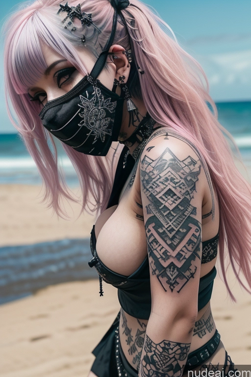 ai nude image of arafed woman with pink hair and a mask on her face pics of Beach Close-up View Perfect Boobs Busty Gothic Punk Girl Pink Hair Tattoos Face Mask Nude Egyptian