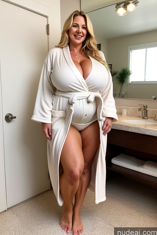 ai nude image of araffe woman in a robe posing in a bathroom pics of Milf Beautiful 40s Laughing British Big Hips Huge Boobs Big Ass Perfect Boobs Blonde Bathrobe Long Hair