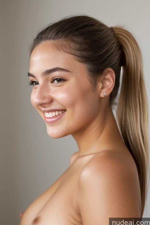 ai nude image of arafed woman with a ponytail and no shirt smiling at the camera pics of Woman 18 Happy Ponytail White Skin Detail (beta) Side View Nude Bright Lighting