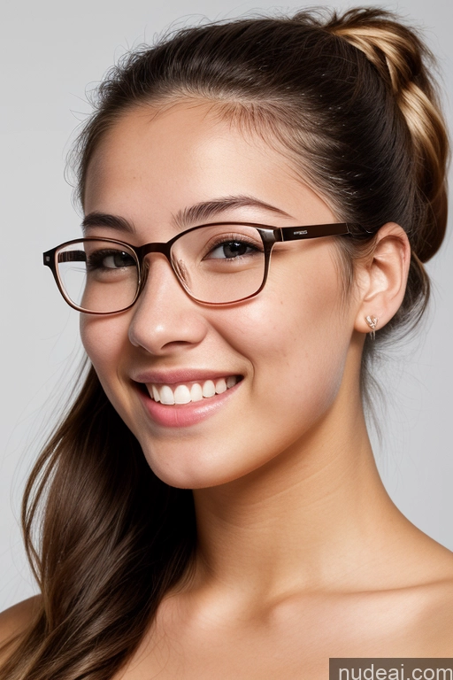 ai nude image of smiling woman with glasses and a ponytail in a white dress pics of Woman 18 Happy Ponytail White Skin Detail (beta) Nude Bright Lighting Glasses Front View