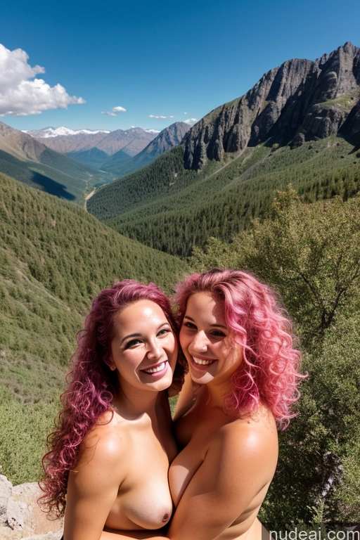 related ai porn images free for Woman Two 20s Happy Pink Hair Curly Hair White Illustration Mountains Front View Nude