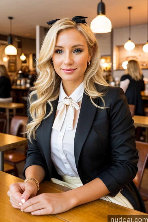 ai nude image of blonde woman sitting at a table in a restaurant with a smile on her face pics of Woman 30s Blonde Cafe Jacket Long Skirt Jewelry Bows Tie