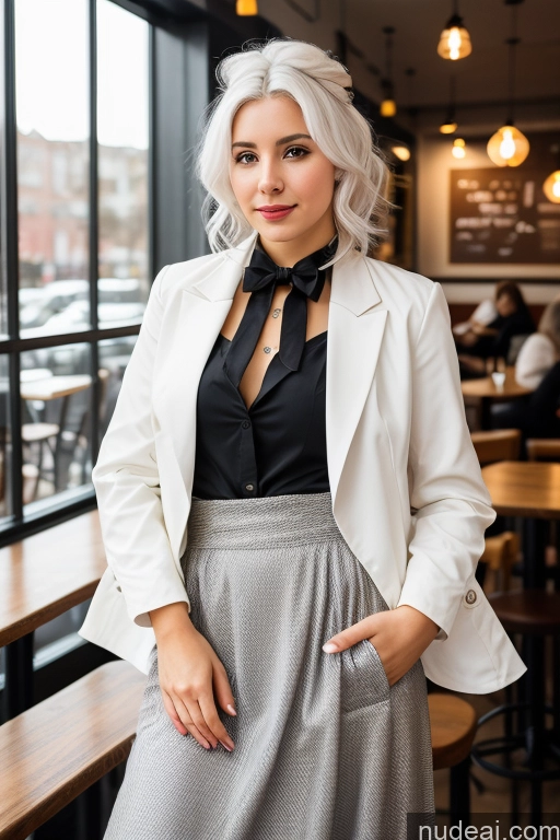 ai nude image of blond woman in a white jacket and skirt posing for a picture pics of Woman Cafe Jacket Long Skirt Jewelry Bows Tie 20s White Hair