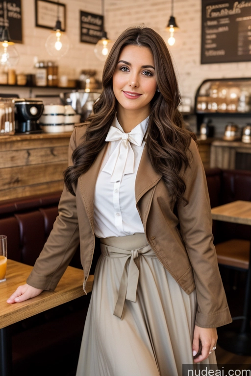 ai nude image of woman in a tan jacket and skirt standing in a restaurant pics of Woman Cafe Jacket Long Skirt Jewelry Bows Tie 20s Brunette