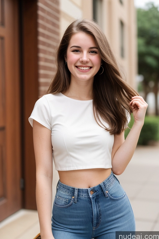 related ai porn images free for Sorority One Fairer Skin 18 Happy Brunette Straight White Film Photo Front View Jeans Crop Top Blouse