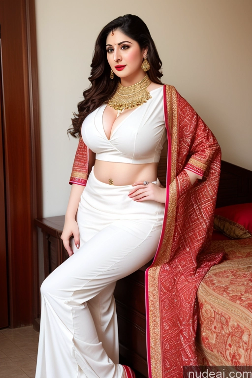 ai nude image of araffe woman in white outfit sitting on bed with red blanket pics of Fairer Skin Busty Lipstick Big Hips Salwar Big Ass