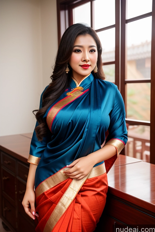 ai nude image of arafed woman in a blue and red sari posing for a picture pics of Chinese Blouse Sari Busty Beautiful Big Hips Big Ass Lipstick