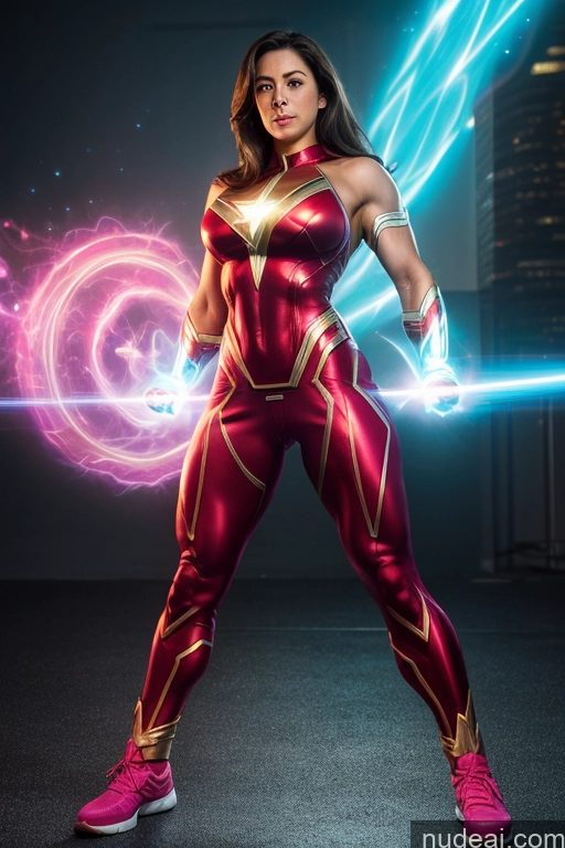 ai nude image of araffe woman in a red and gold costume posing for a picture pics of Mary Thunderbolt Powering Up Superhero Cosplay Neon Lights Clothes: Red Busty Small Tits Muscular Abs Science Fiction Style