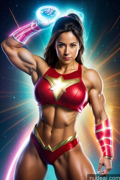 ai nude image of a woman in a red bikini and gold gloves posing for a picture pics of Mary Thunderbolt Powering Up Superhero Cosplay Neon Lights Clothes: Red Busty Small Tits Abs Science Fiction Style Bodybuilder