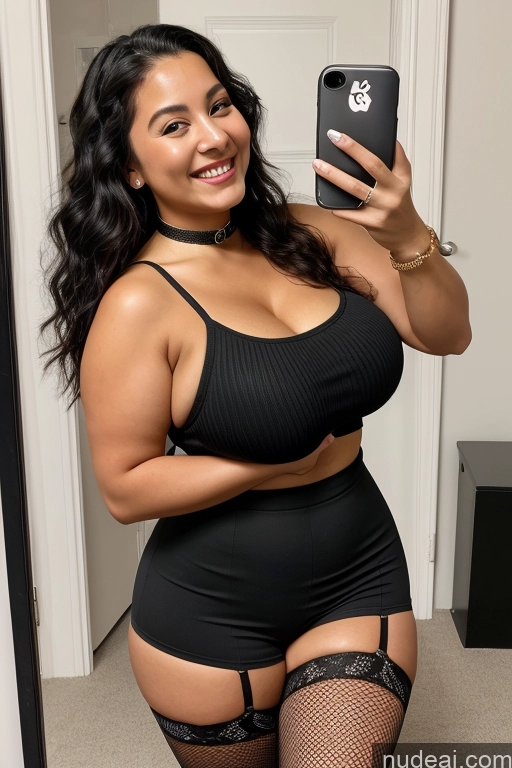 ai nude image of there is a woman taking a selfie in a black dress pics of Milf One Huge Boobs Beautiful Big Ass Thick Long Hair 18 Happy Black Hair Latina Mirror Selfie Front View Choker Fishnet Sweater